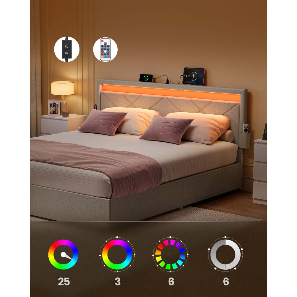 Lit Double, 140x200 Cm, Avec 4 Tiroirs, Lumière LED Et Port USB, Tête De Lit En Velours, Beige | Leroy Merlin Lit Double, 140x200 Cm, Avec 4 Tiroirs, Lumière LED Et Port USB, Tête De Lit En Velours, Beige | Leroy Merlin