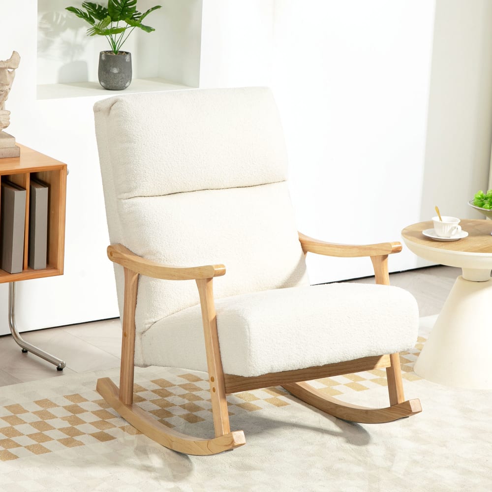 Fauteuil à Bascule EROMMY En Tissu Teddy Blanc - Confort Ergonomique Avec Coussin Lombaire