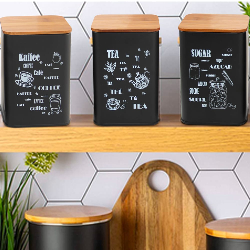 Lot De 3 Boîtes De Conservation De Cuisine Noir Et Bois - Boîte à Café, Sucrier, Thé - Design Rétro Avec Plateau