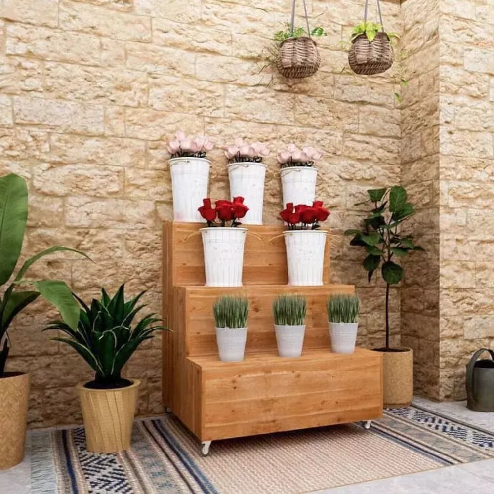Blumenständer aus Massivholz B99, 3 Ebenen auf Rollen