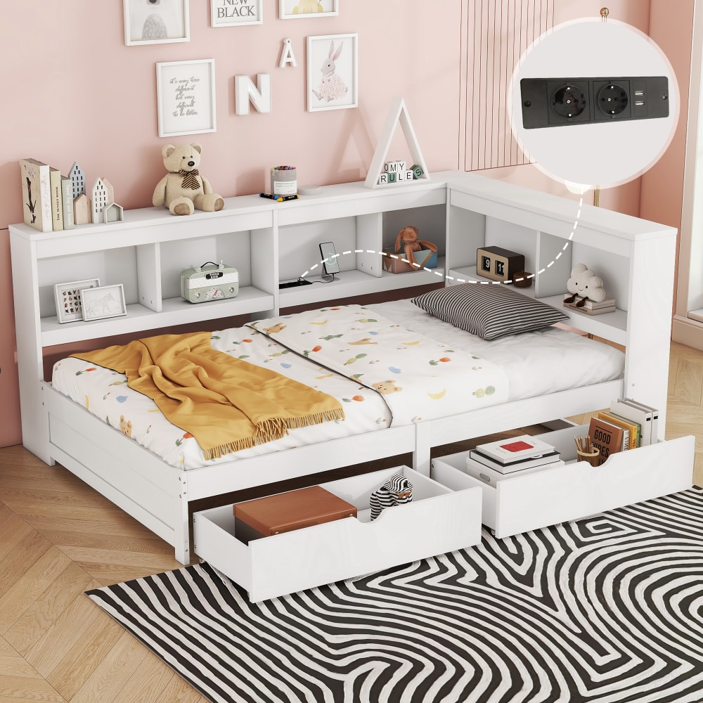 Kinderbett 90x200 cm mit zwei Schubladen und 2 USB-Anschlüssen, weiß