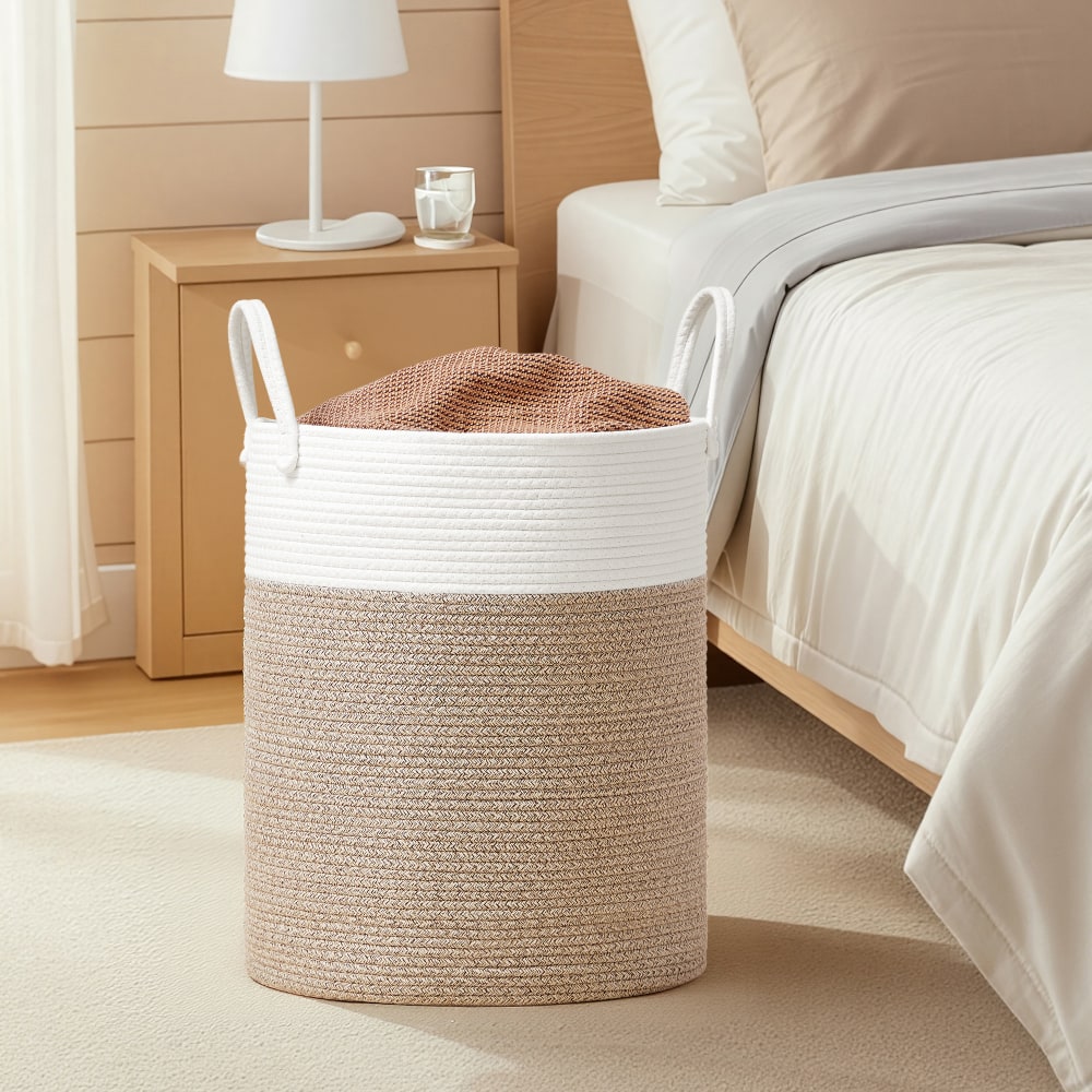 Panier à linge volume 60 l corde en coton avec poignées blanc et