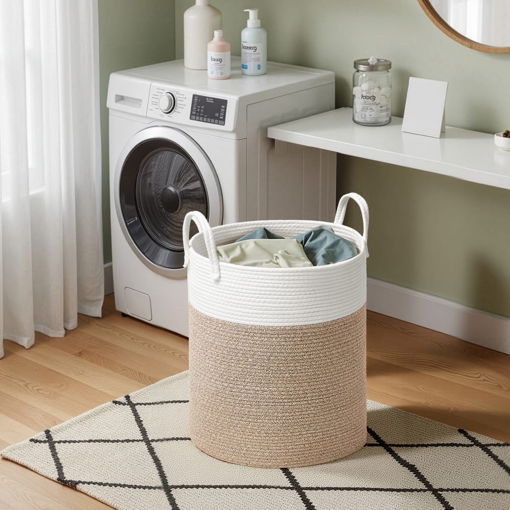 Panier à linge volume 60 l corde en coton avec poignées blanc et