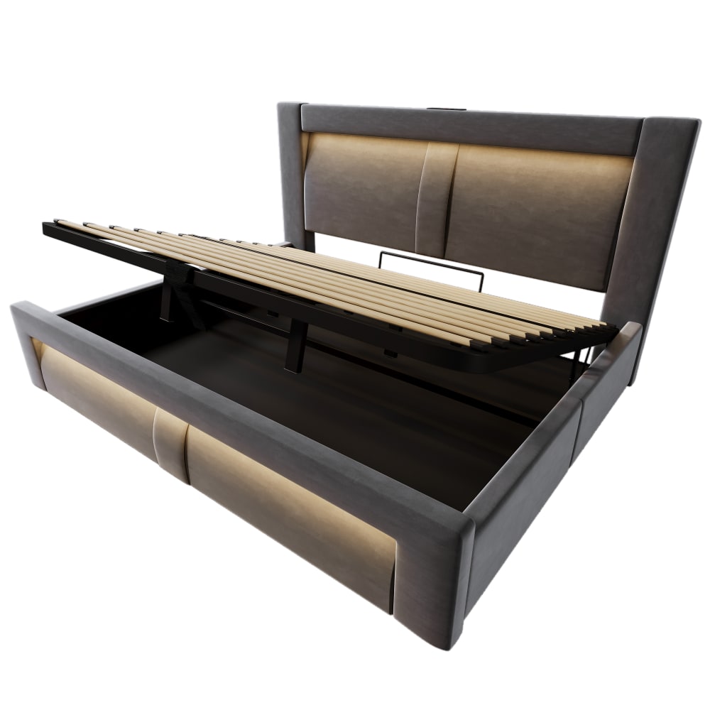 Cadre de lit double 180 x 200 cm, Gris avec espace de rangement,Tissu