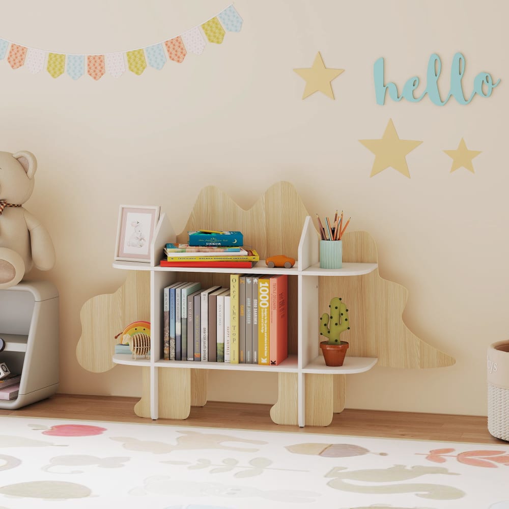 Meuble De Rangement Enfant ZONEKIZ - Étagère 4 Compartiments Avec 2 Paniers Dinosaure - Blanc 62x30x62cm