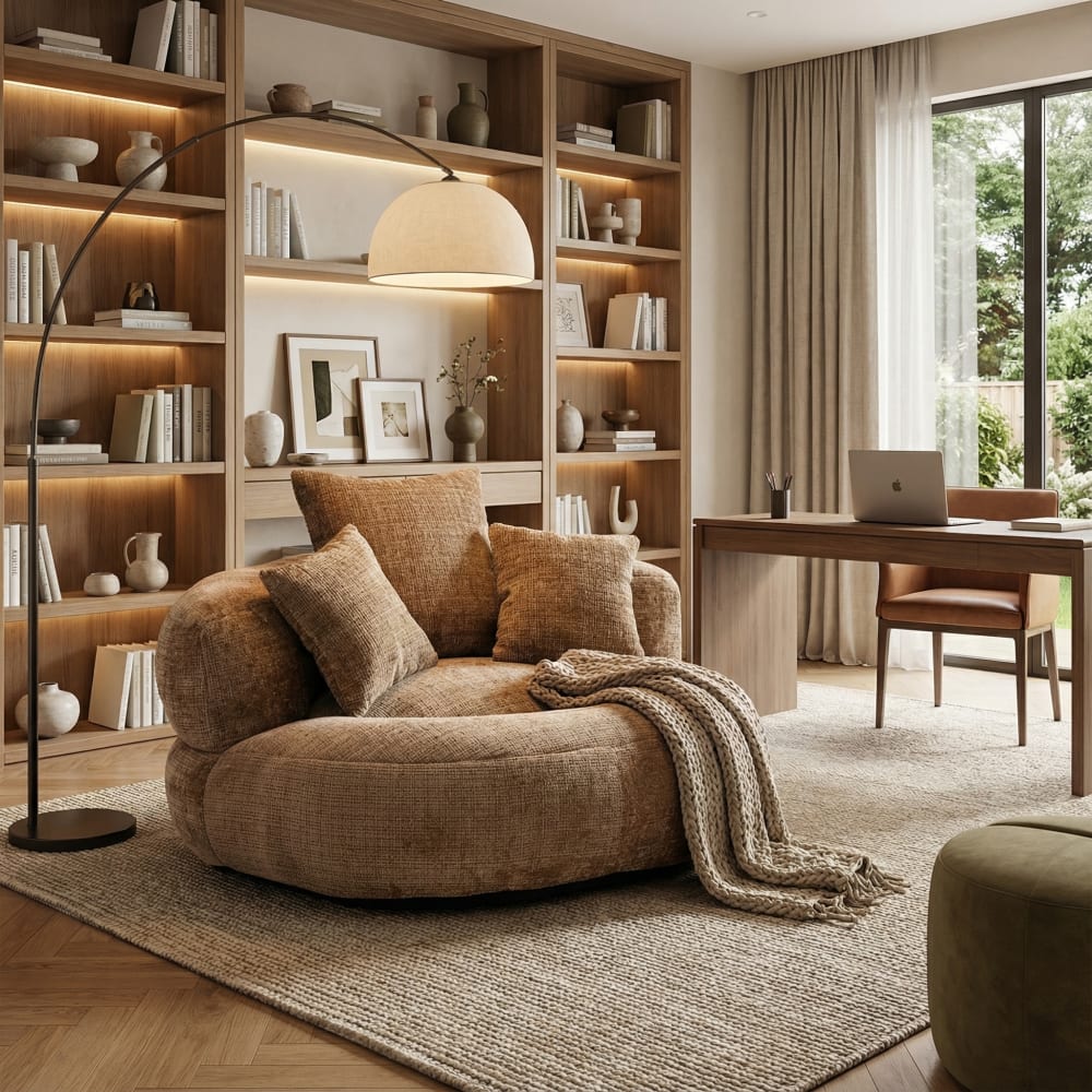 Runder Loungesessel aus Chenille-Stoff mit Kissen,Braun