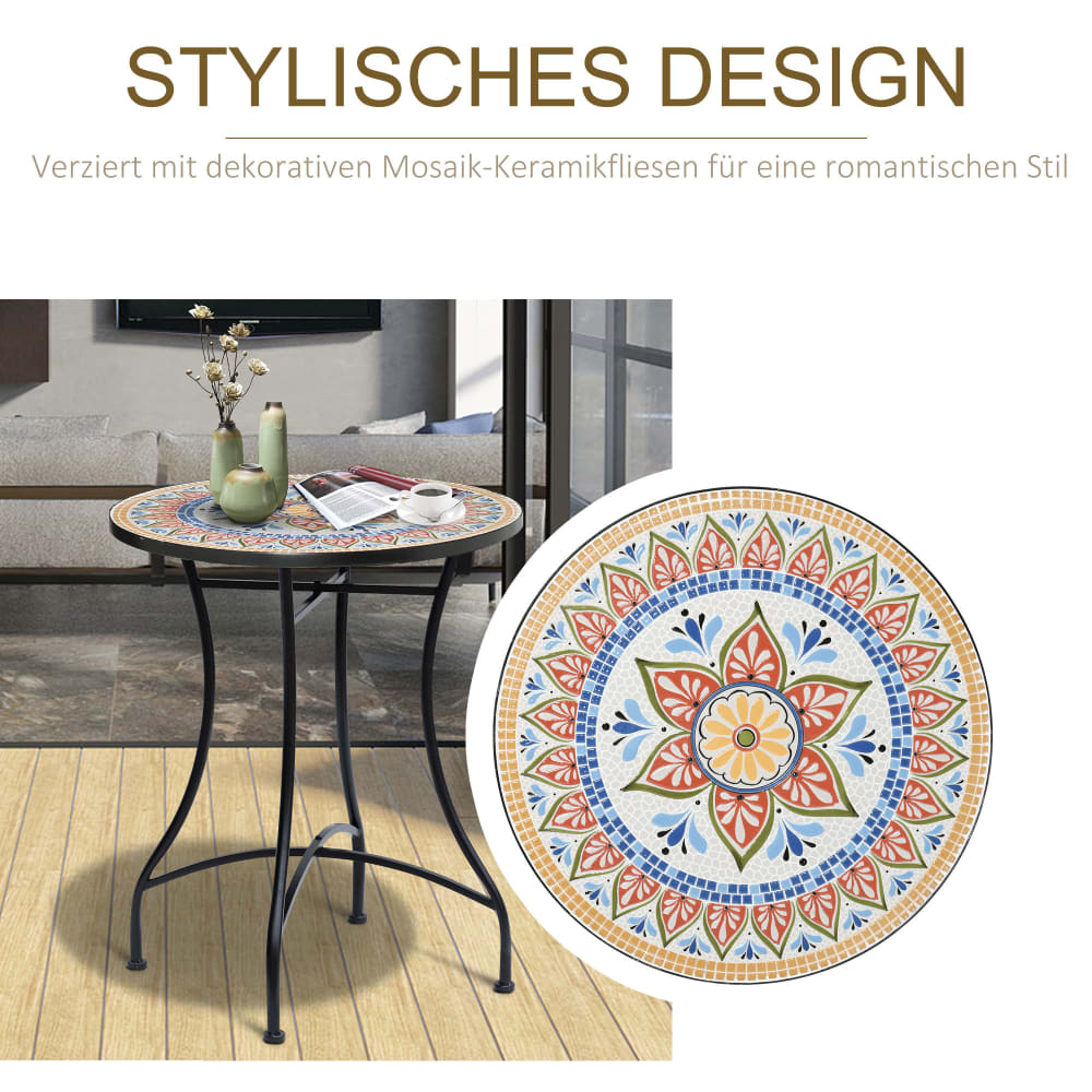Runder Mosaik-Gartentisch Ø60 cm mit Keramikplatte und Metallgestell
