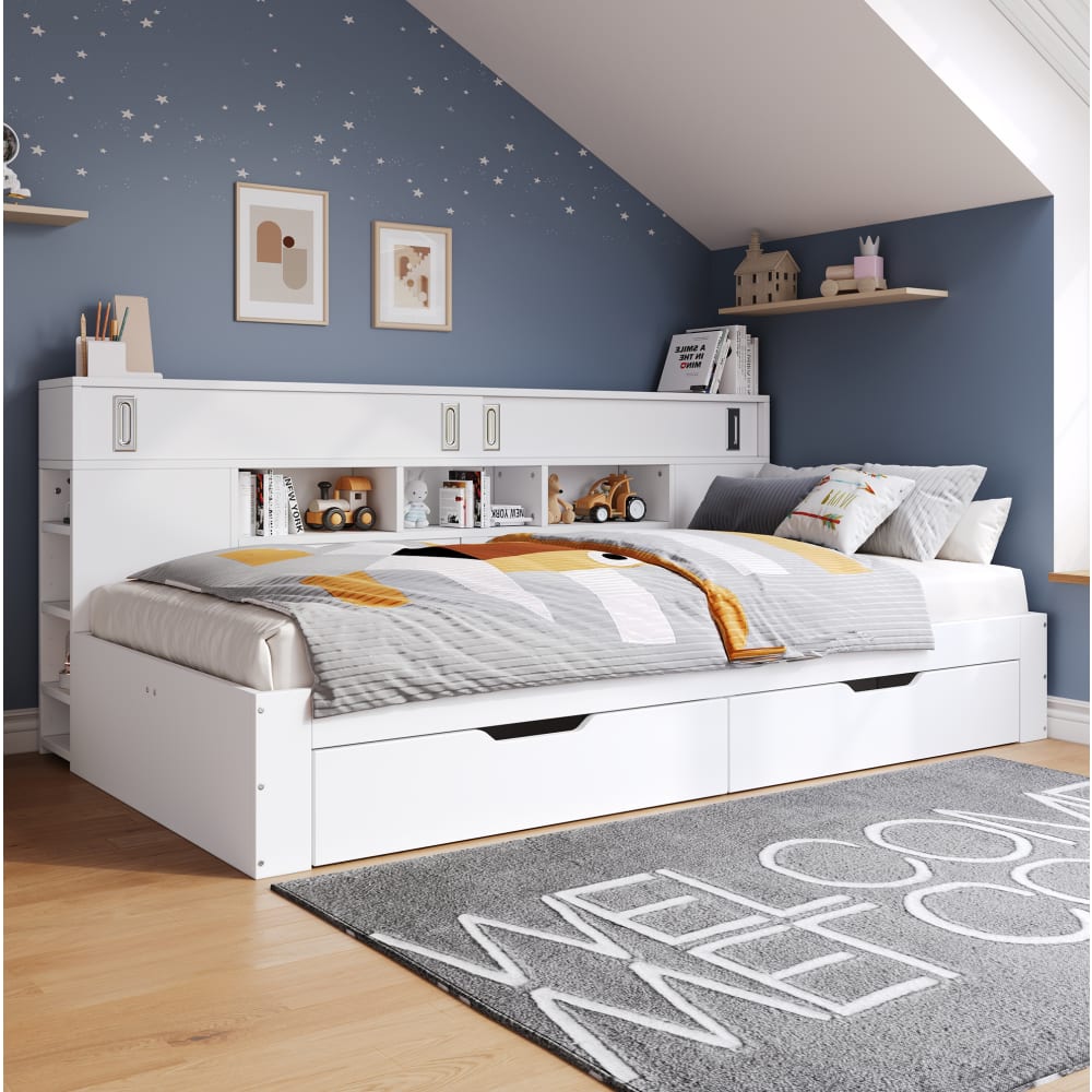 Kinderbett 90x200 cm weiß mit 2 Schubladen, Regal und Stauraum