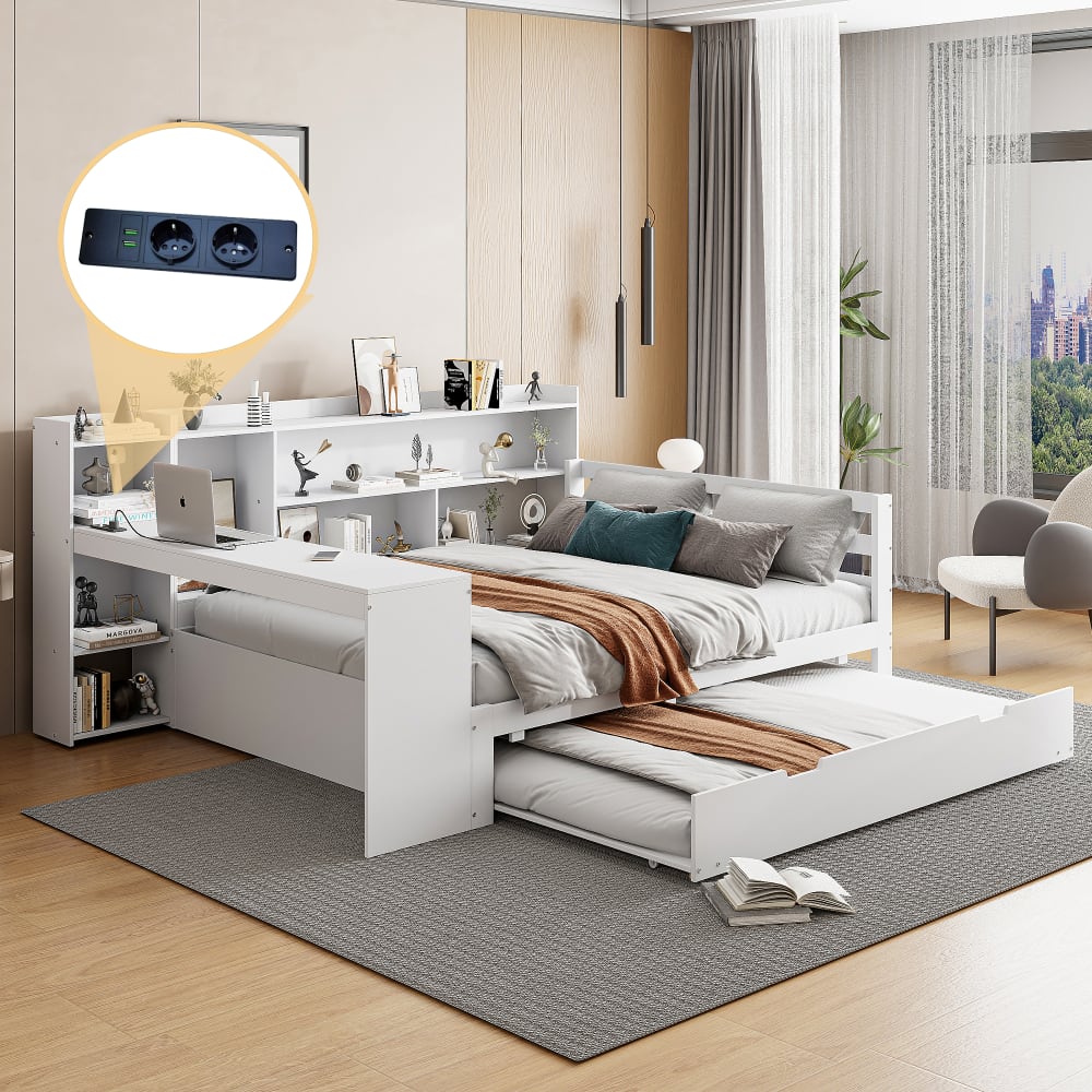 Bett aus MDF mit Ausziehbett und Schreibtisch 140x200 cm, weiß