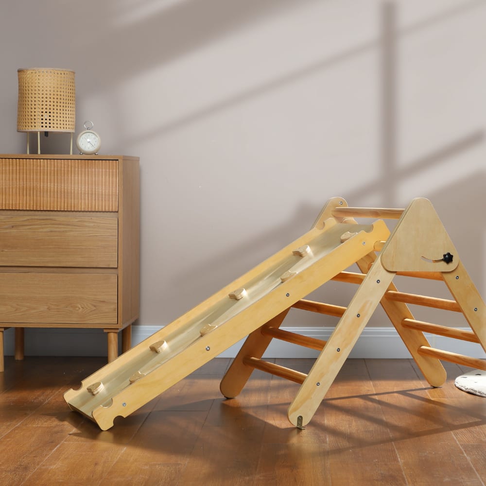 Triángulo De Escalada 4 En 1 Con Tobogán De Madera – Escalera, Red Y Tablero – Capacidad 50 Kg Para Interior Y Exterior