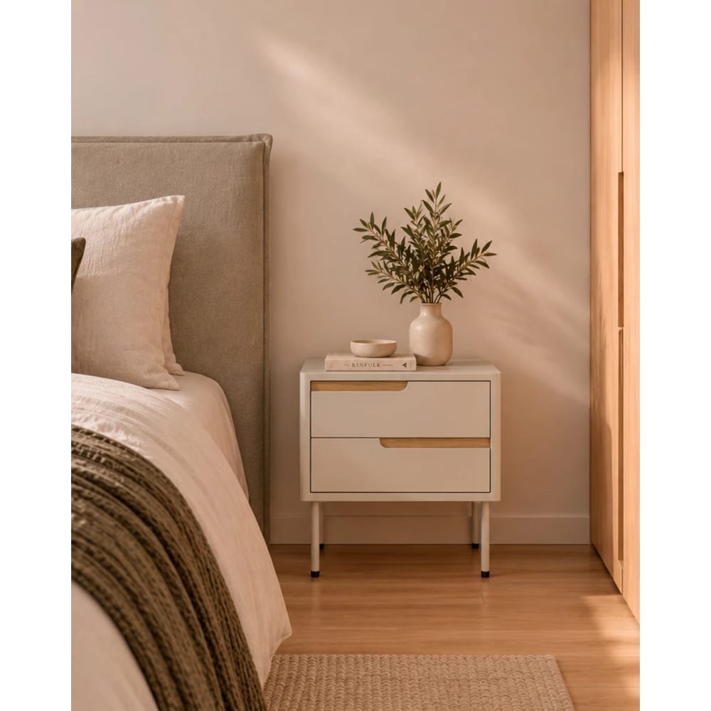 Moderner Nachttisch, 60 cm, beige, mit 2 Schubladen Arthur