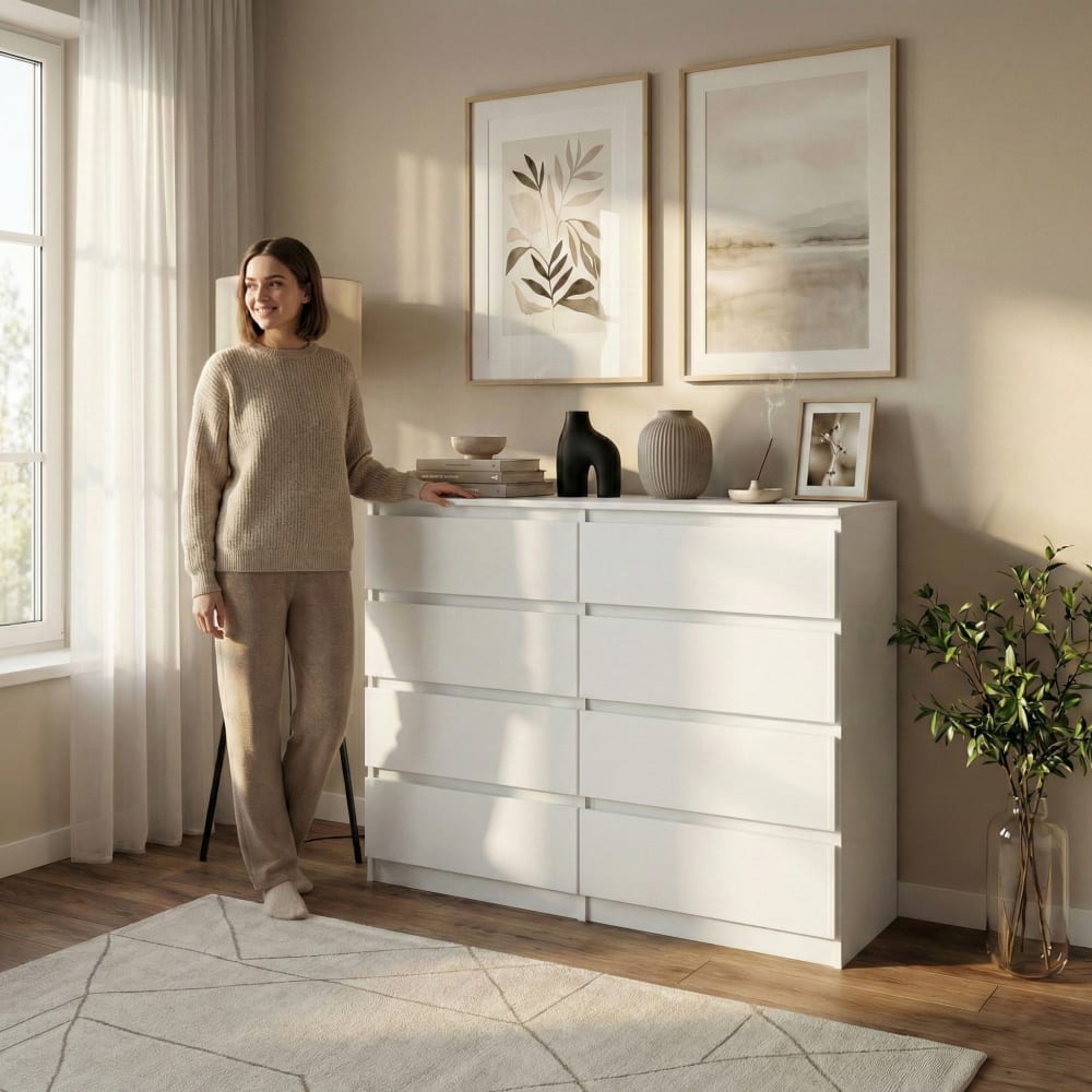 Kommode mit 8 Schubladen, Weiß matt, 100 cm Lemon