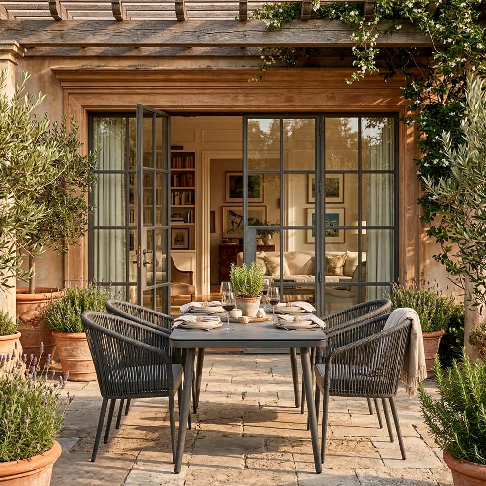 8er-Set Gartenstühle aus anthrazitfarbenem Aluminium und Seil Salerno