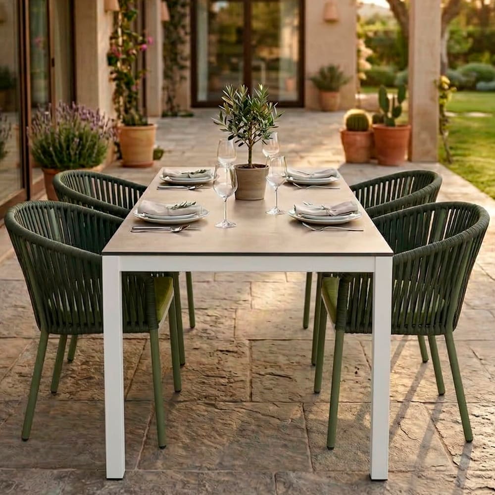 8er-Set Gartenstühle aus grünem Aluminium und Seil mit Kissen Hornell