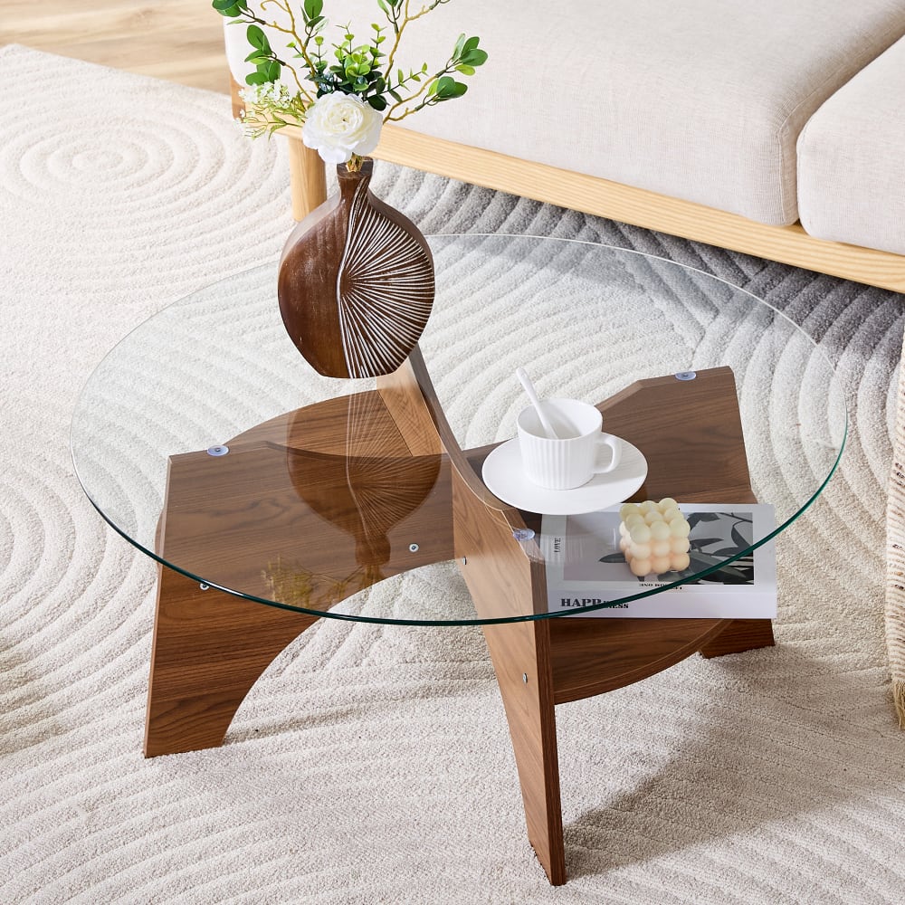 Runder Couchtisch aus Glas mit Beinen in Holzoptik, Walnuss
