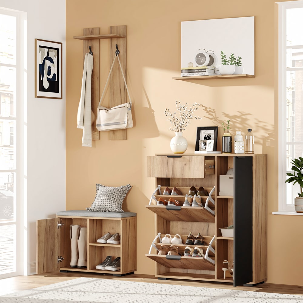 4-in-1-Garderobenschrank-Set, Holz- und Schwarzoptik