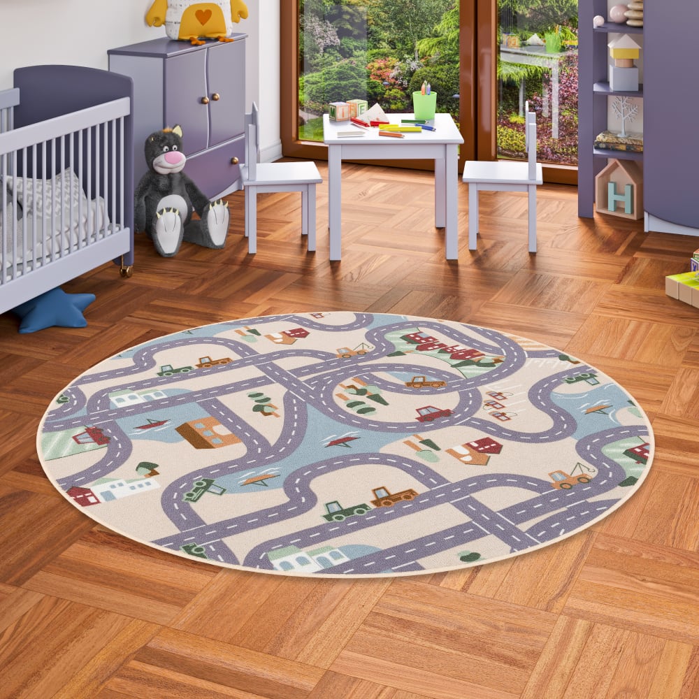 Kinder Spielteppich rund Straße, beige 200x200 cm