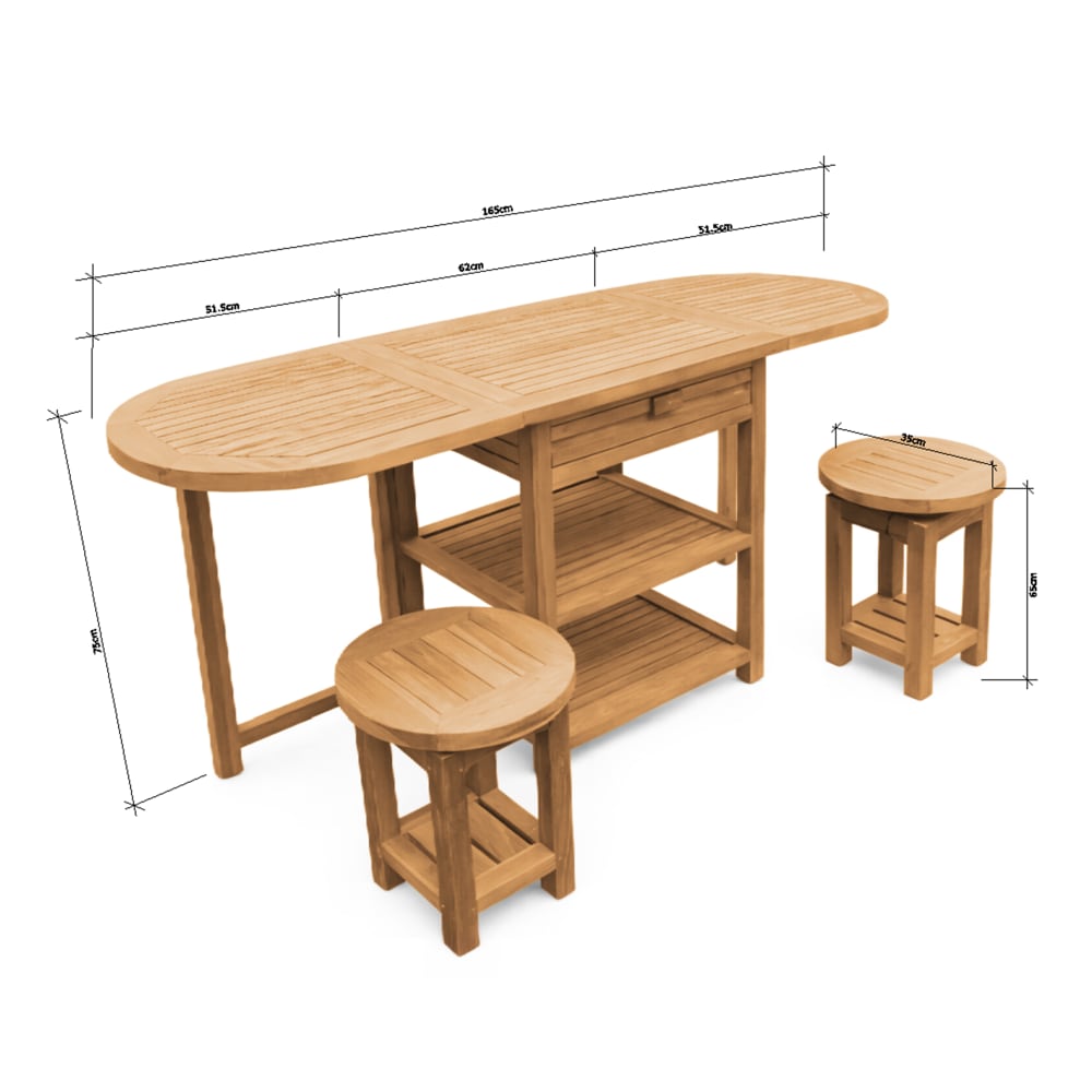 Niedriges Barset klappbar mit 2 Hockern, Teak Nomani