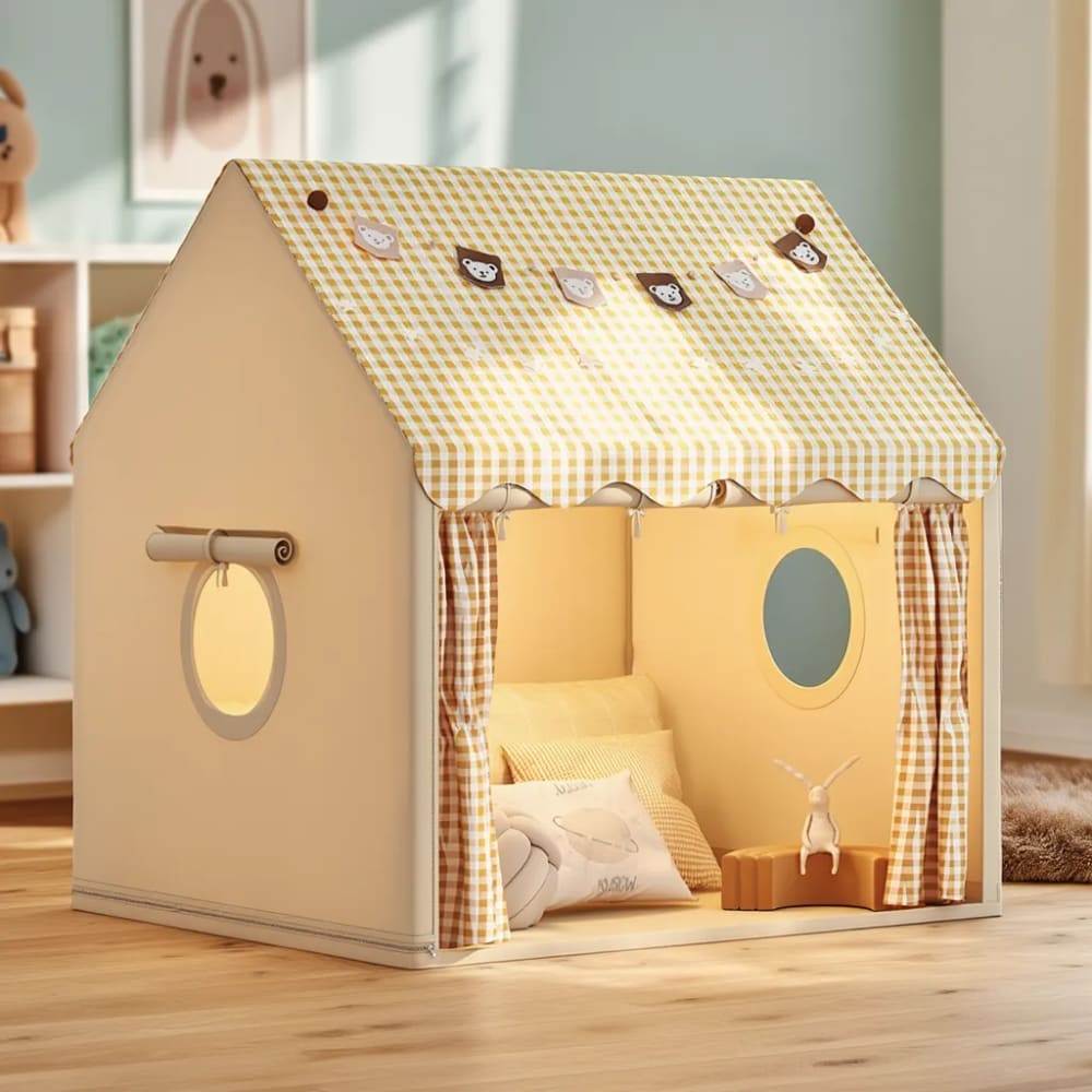 Tente De Jeu Pour Enfants Grande Maisonnette Avec Rideau De Porte Et Fenetres Etoiles Lumineuses Tapis Rembourre Antiderapant Poche Cafe