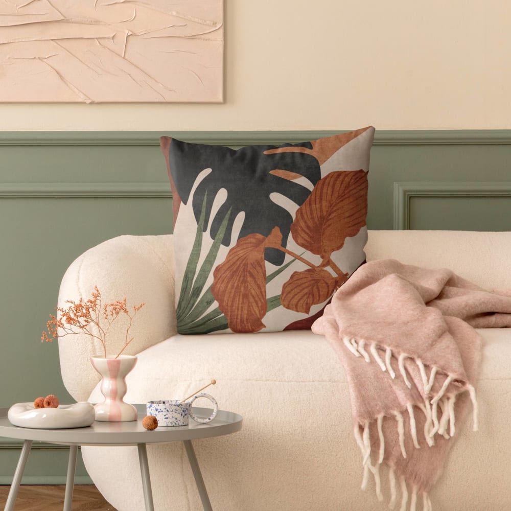 Dekokissen Tropische Boho Blätter aus Polyester, beige 50 x 50 cm