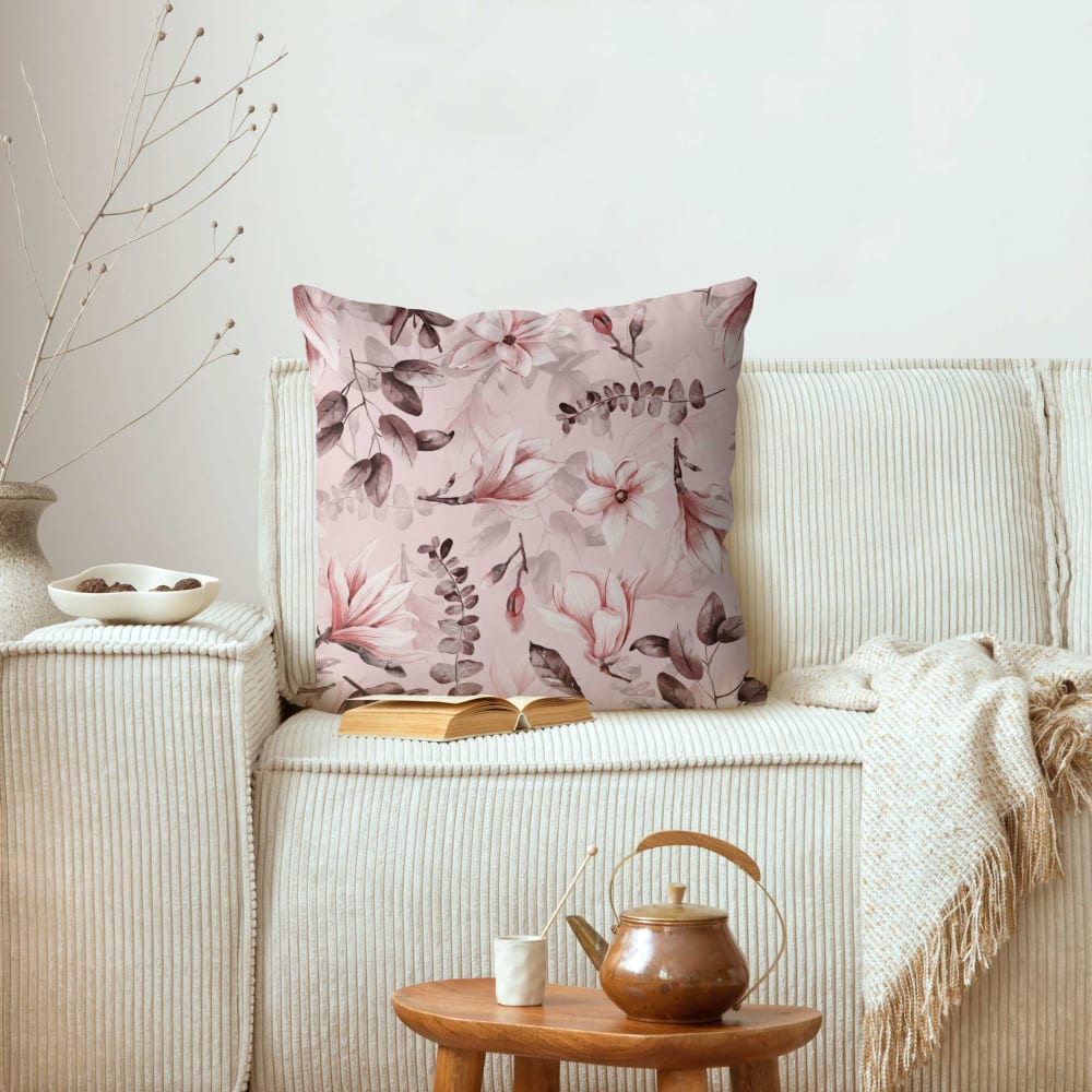 Dekokissen Blüten mit Grauen Blättern aus Polyester, rosa 40 x 40 cm