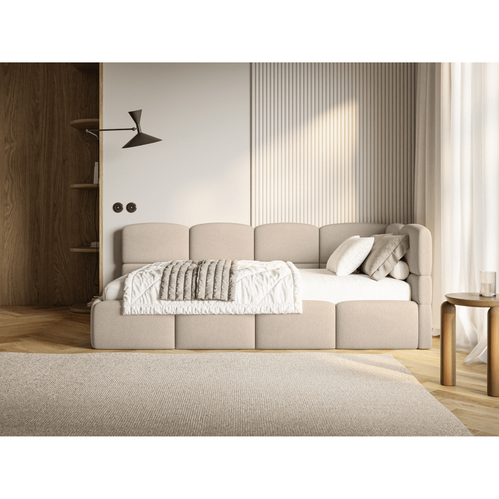 Jugendbett 120x200 Kopfteil rechts Matratze & Stauraum Chenille Beige Cloudy
