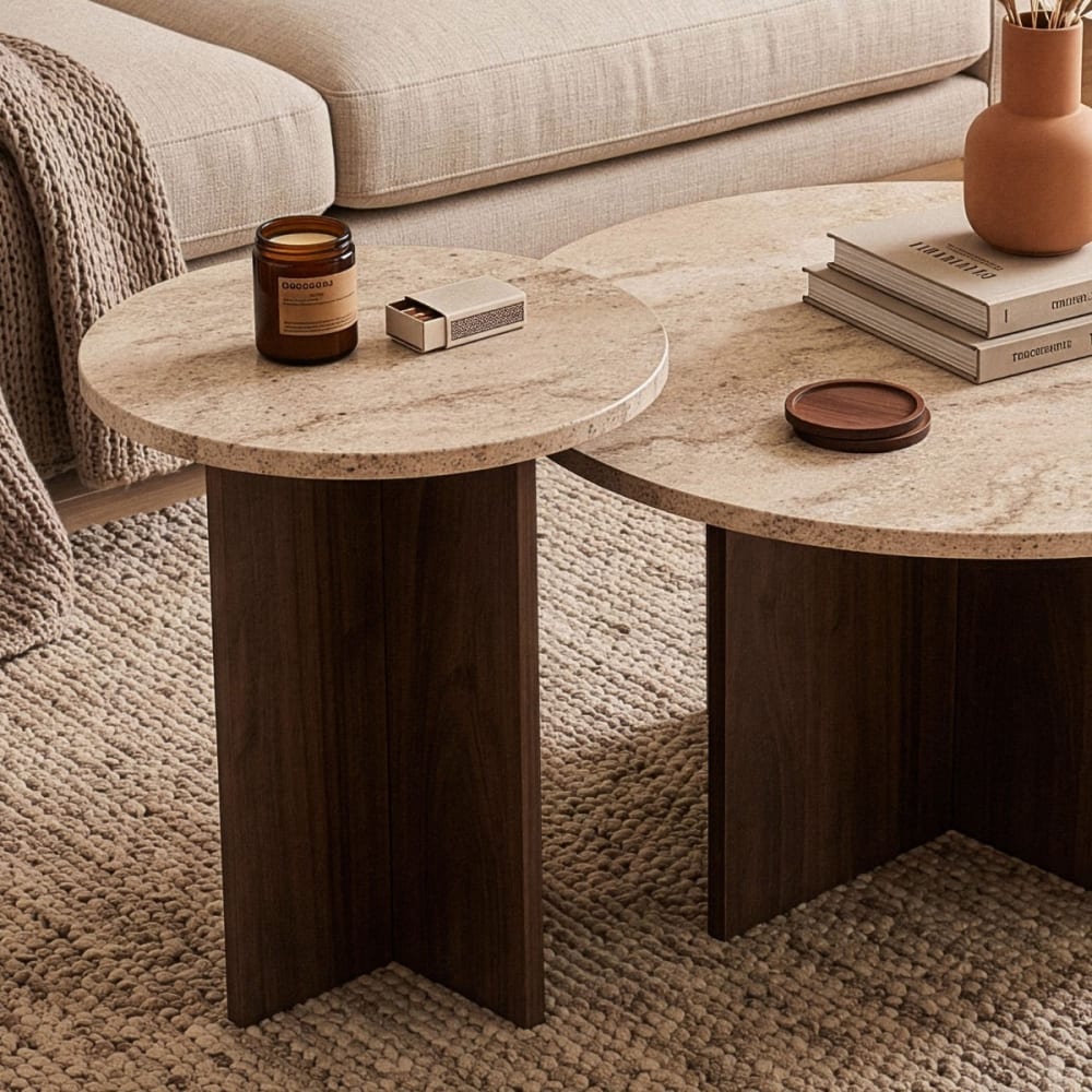 Couchtische 2er-Set, runder D70 cm - Travertin und Nussbaum Tilia