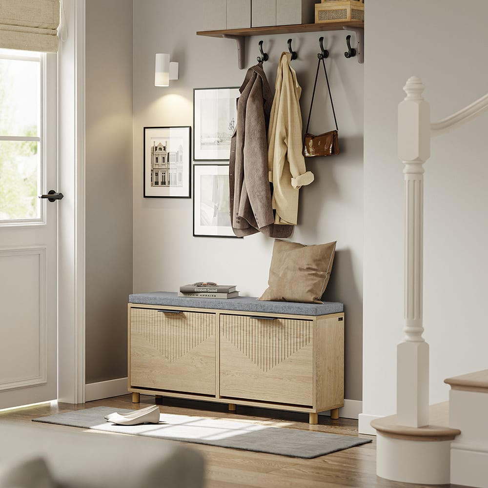 PLATAN ROOM Meuble à chaussures avec assise, disponible en chêne, blanc, doré, 100 x 53 x 35 cm, blanc