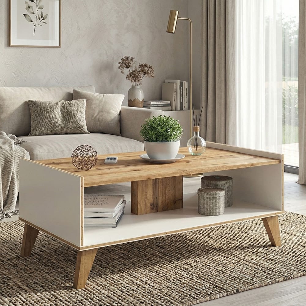 Couchtisch Skandi mit Ablagefläche 108x60x44cm, weiß / Eiche Wotan Skandi