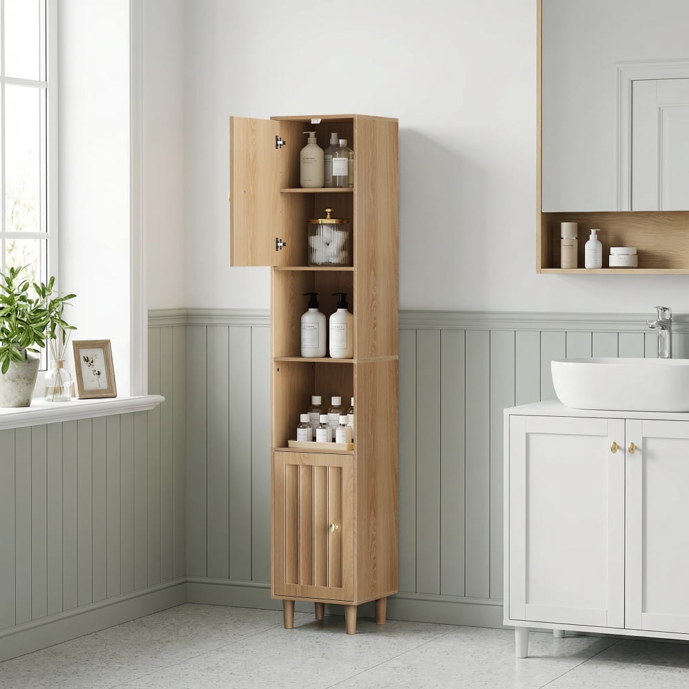 Hochschrank Eiche-Optik 169cm - Badschrank Schmal mit 2 Türen & Regal