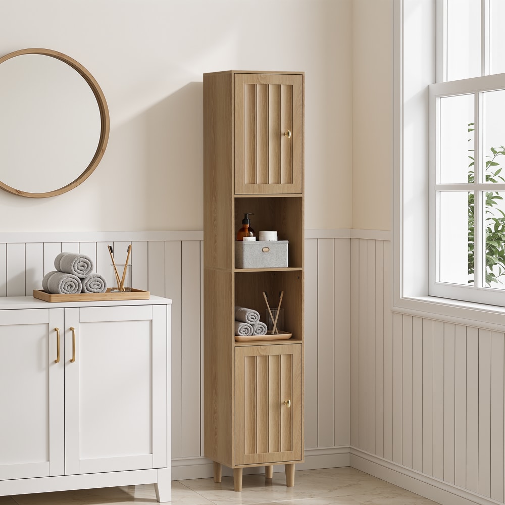 Hochschrank Eiche-Optik 169cm - Badschrank Schmal mit 2 Türen & Regal