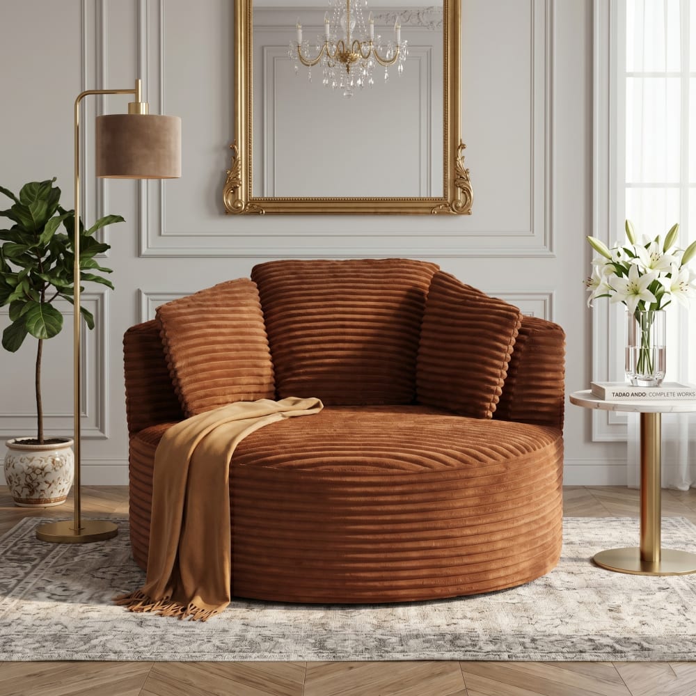 Runder Lounge-Sessel aus Cord mit tiefer Sitzfläche, Orange