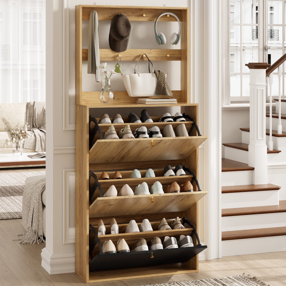 Großer Schuhschrank, Holzoptik, Natur & Schwarz
