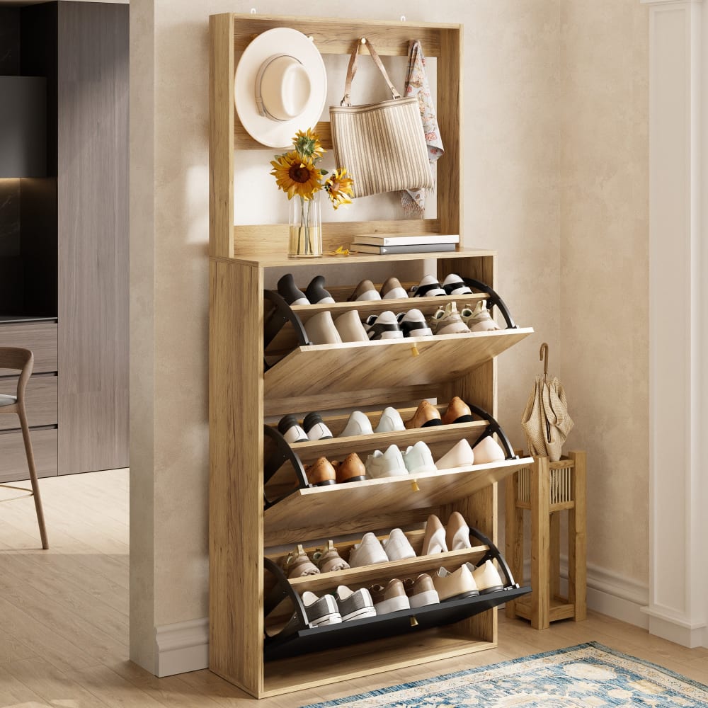 Großer Schuhschrank, Holzoptik, Natur & Schwarz