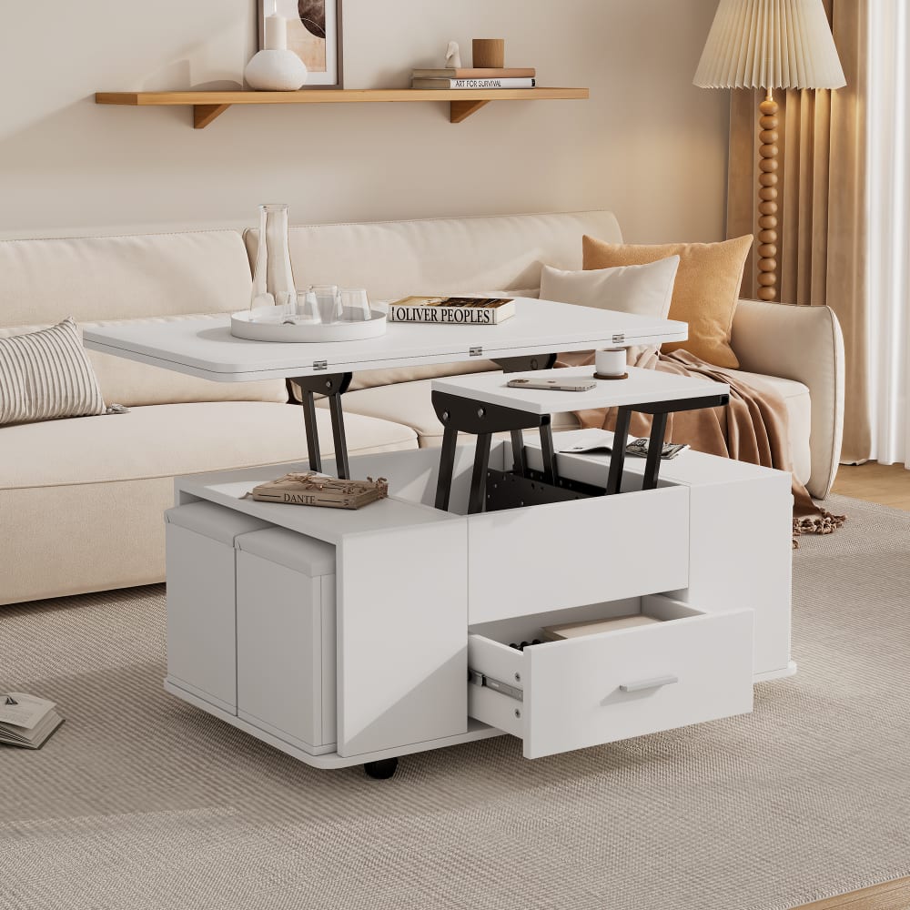 Couchtisch mit 4 Hockern, Schublade und Stauraum 100x50x45 cm, weiß