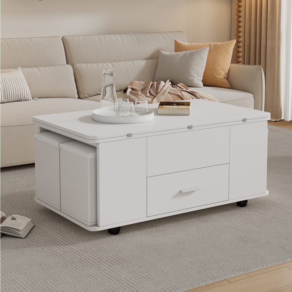 Couchtisch mit 4 Hockern, Schublade und Stauraum 100x50x45 cm, weiß