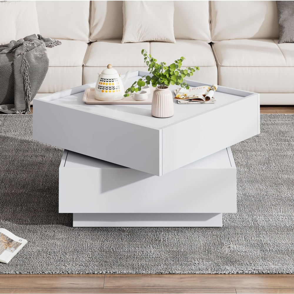 Couchtisch aus Spanplatte mit 360° Drehung und Stauraum, weiß