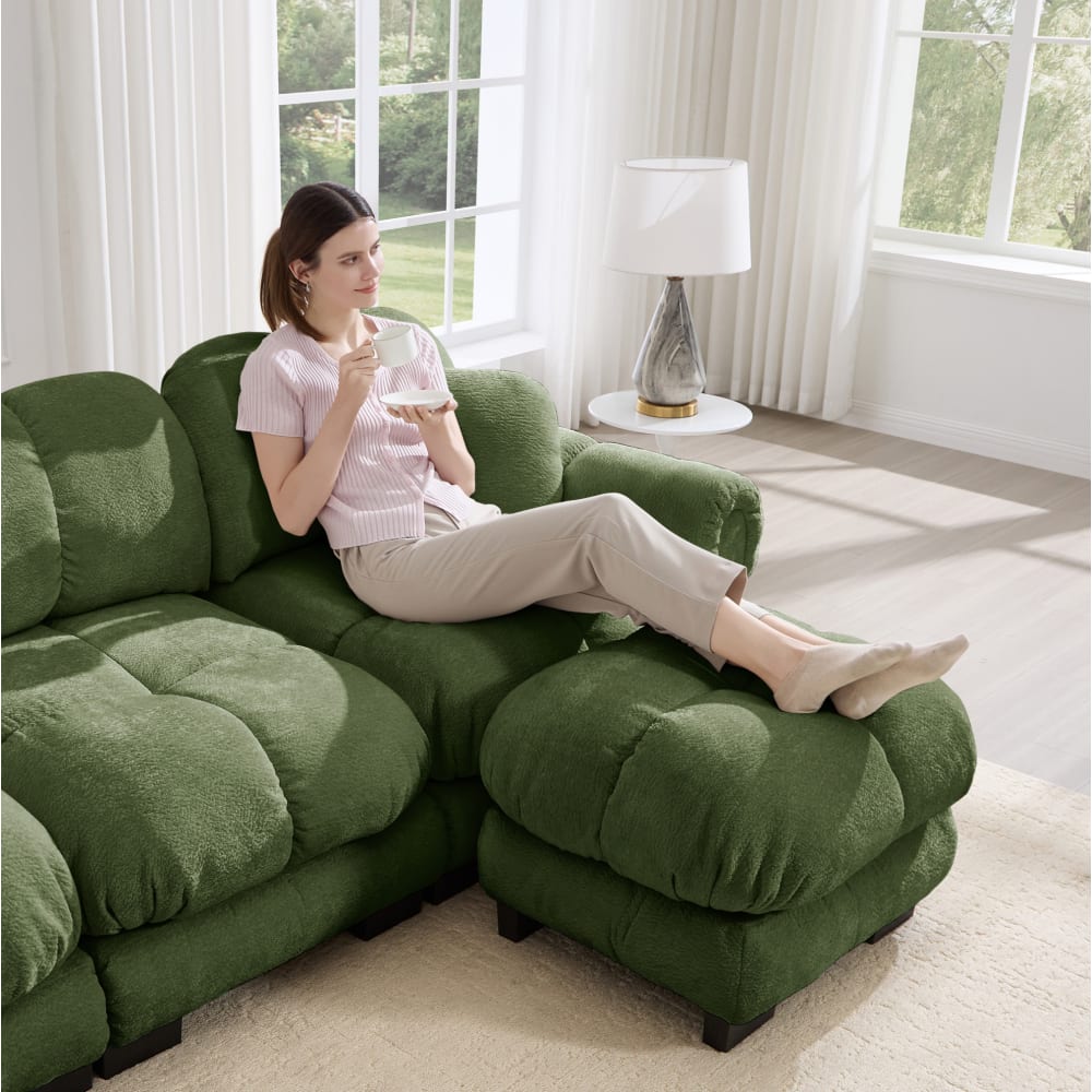 2-Sitzer-Sofa aus Chenille mit mobiler Ottomane, grün