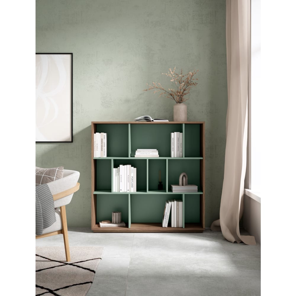 Bücherregal aus Melamin in Nussbaum und Grün 117x119x32 cm Nack
