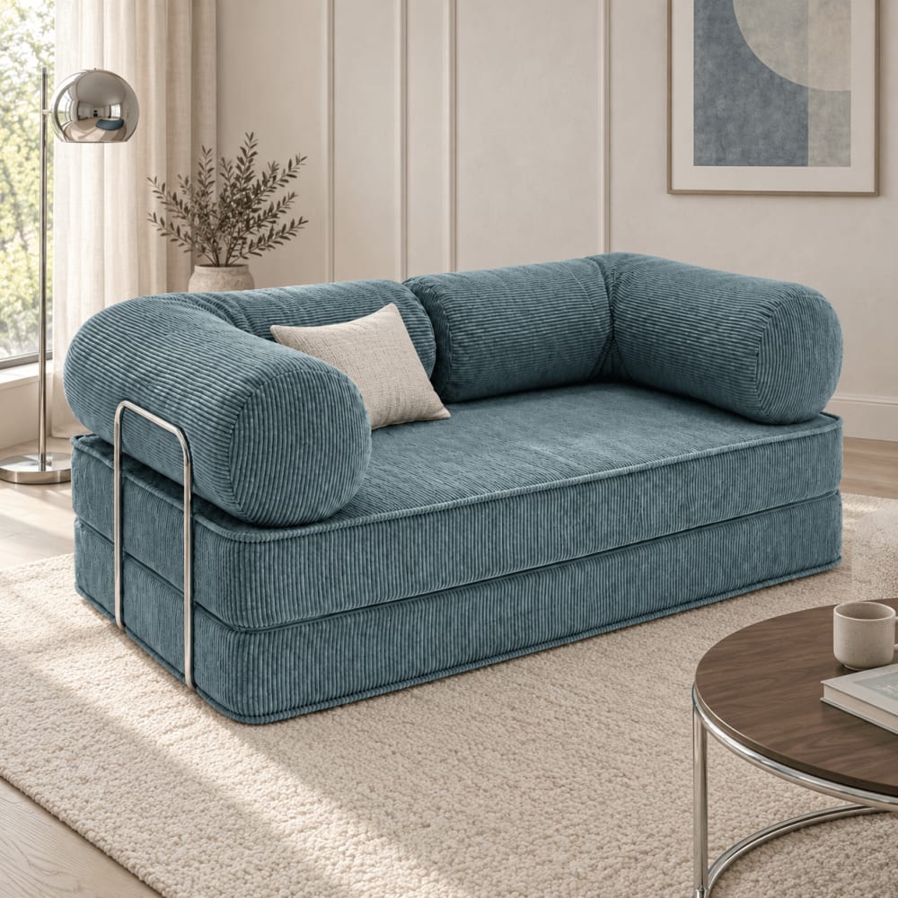Schlafsofa 200 cm aus Cordstoff mit Chromgestell, türkis Lofty