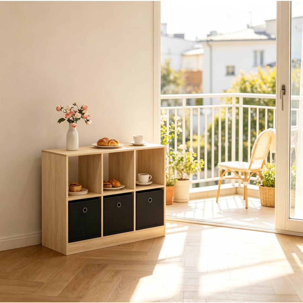 Regal aus Holzwerkstoff mit 3 Stoffboxen 80x30x61cm, Eiche/Schwarz