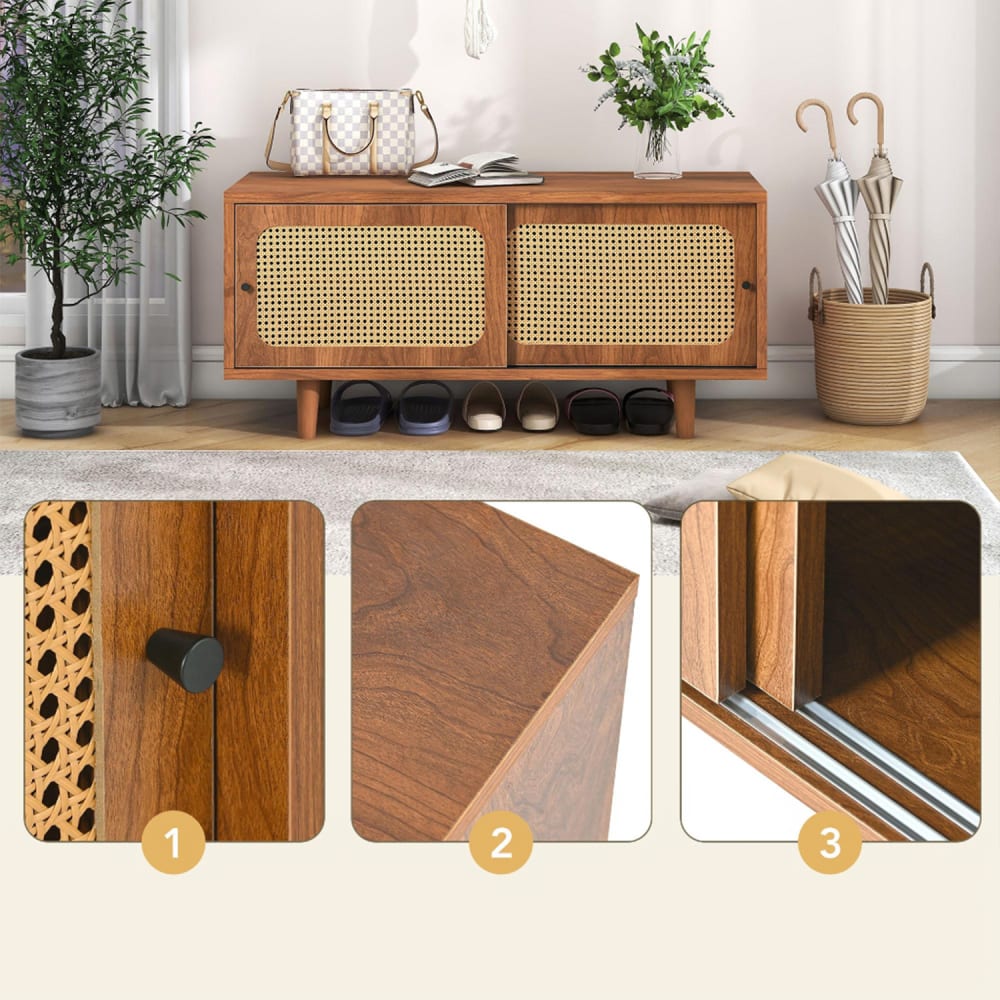 Niedriger Schuhschrank braunes Holz, Rattan-Schiebetüren, 2 Fächer