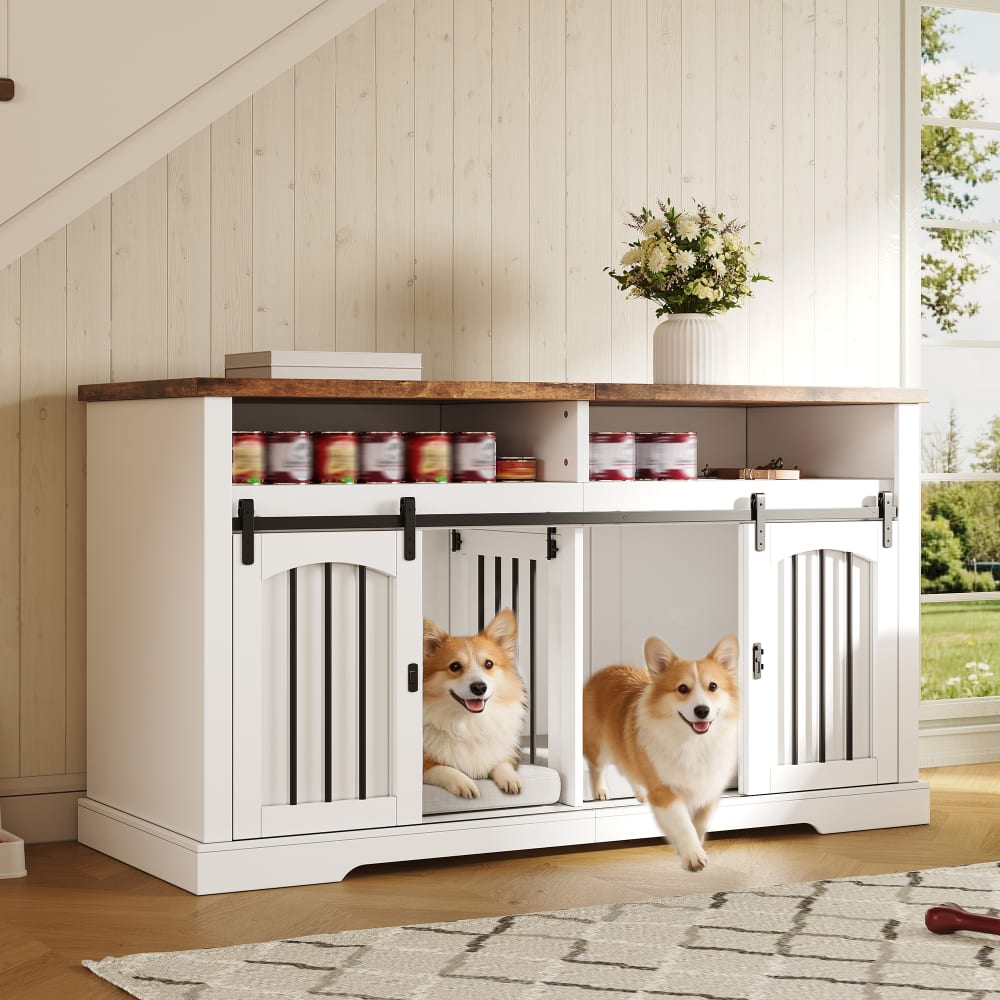 Hundekäfig-Schrank mit Schiebetüren, Weiß & Vintage-Braun