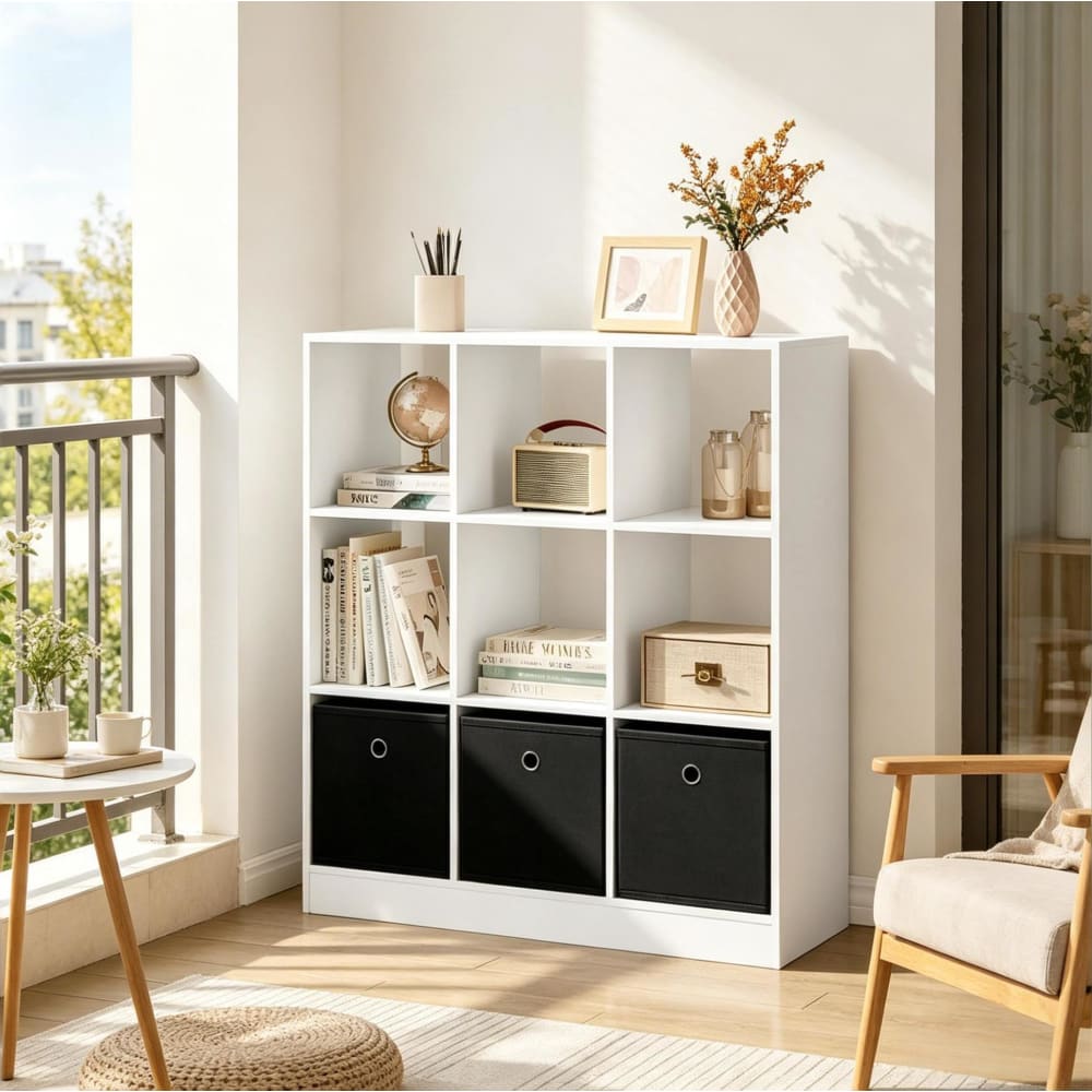 Regal aus Holzwerkstoff mit 3 Stoffboxen 80x30x86,5 cm, Weiß/Schwarz