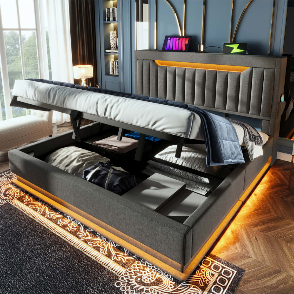 Bett mit Stauraum-Kopfteil und LED aus Polyester grau 140 x 190 cm