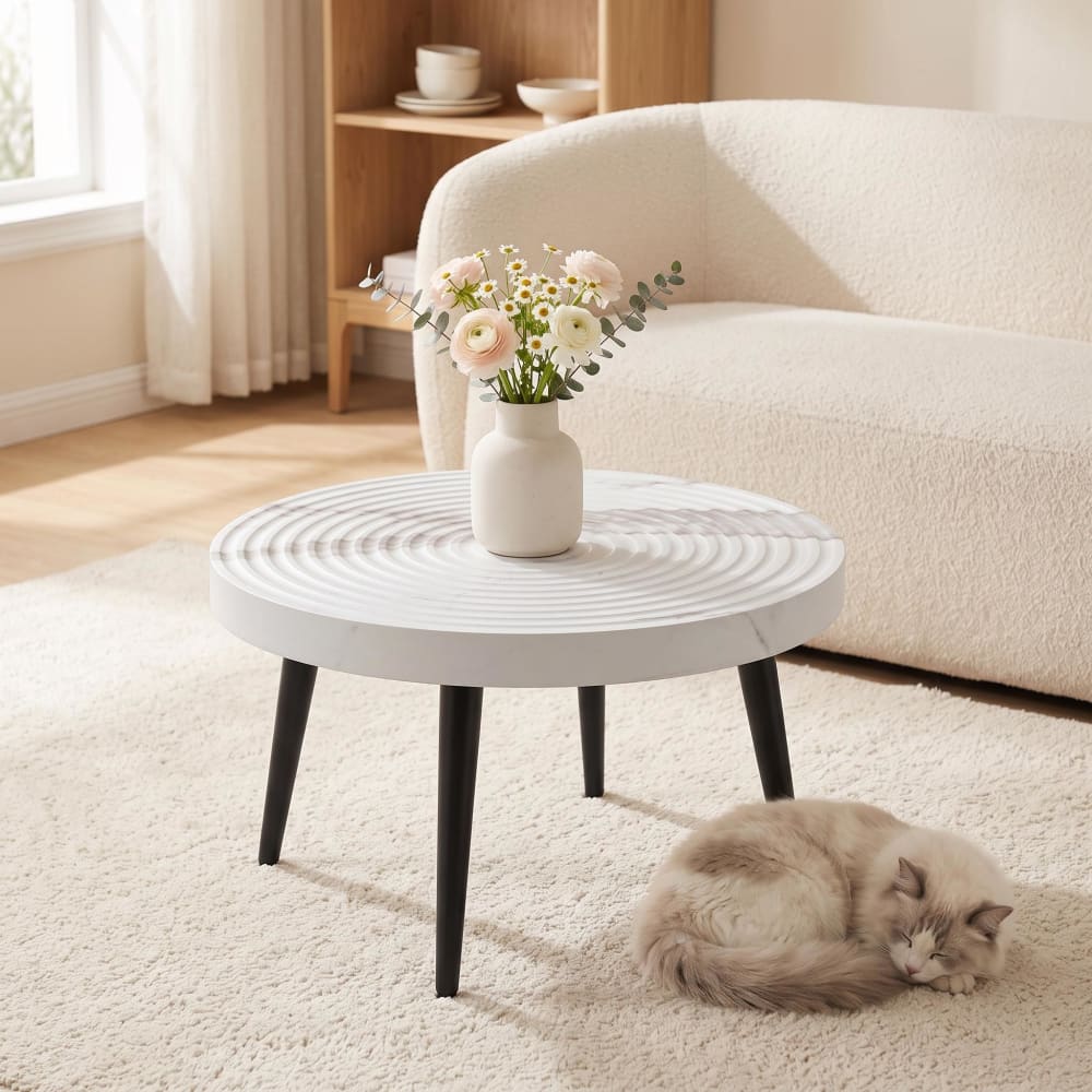Couchtisch mit 5 cm Platte, Marmor-Optik und konzentrischen Rillen Rings