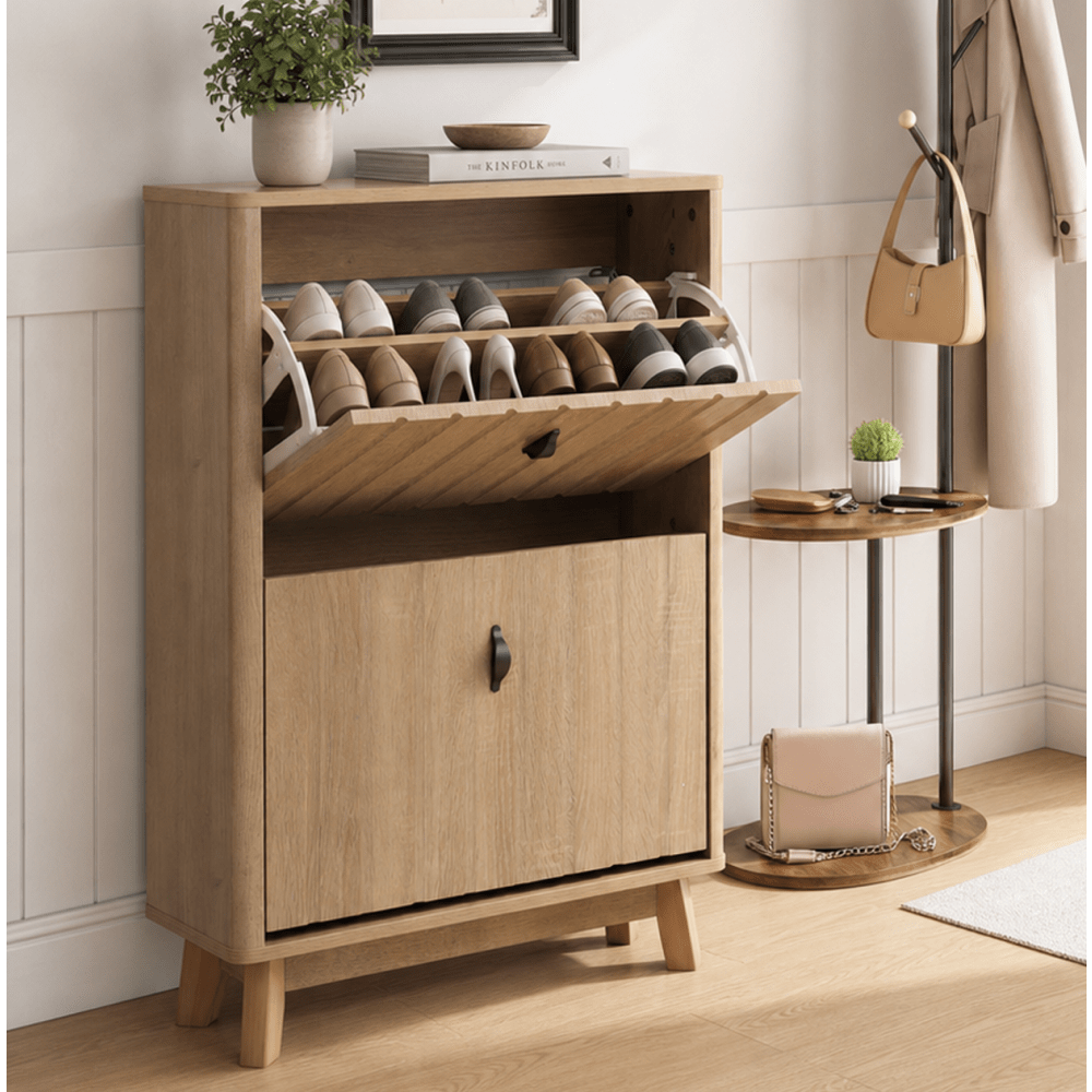 Schuhschrank mit großer Kapazität und schmalem Design, Eichenoptik