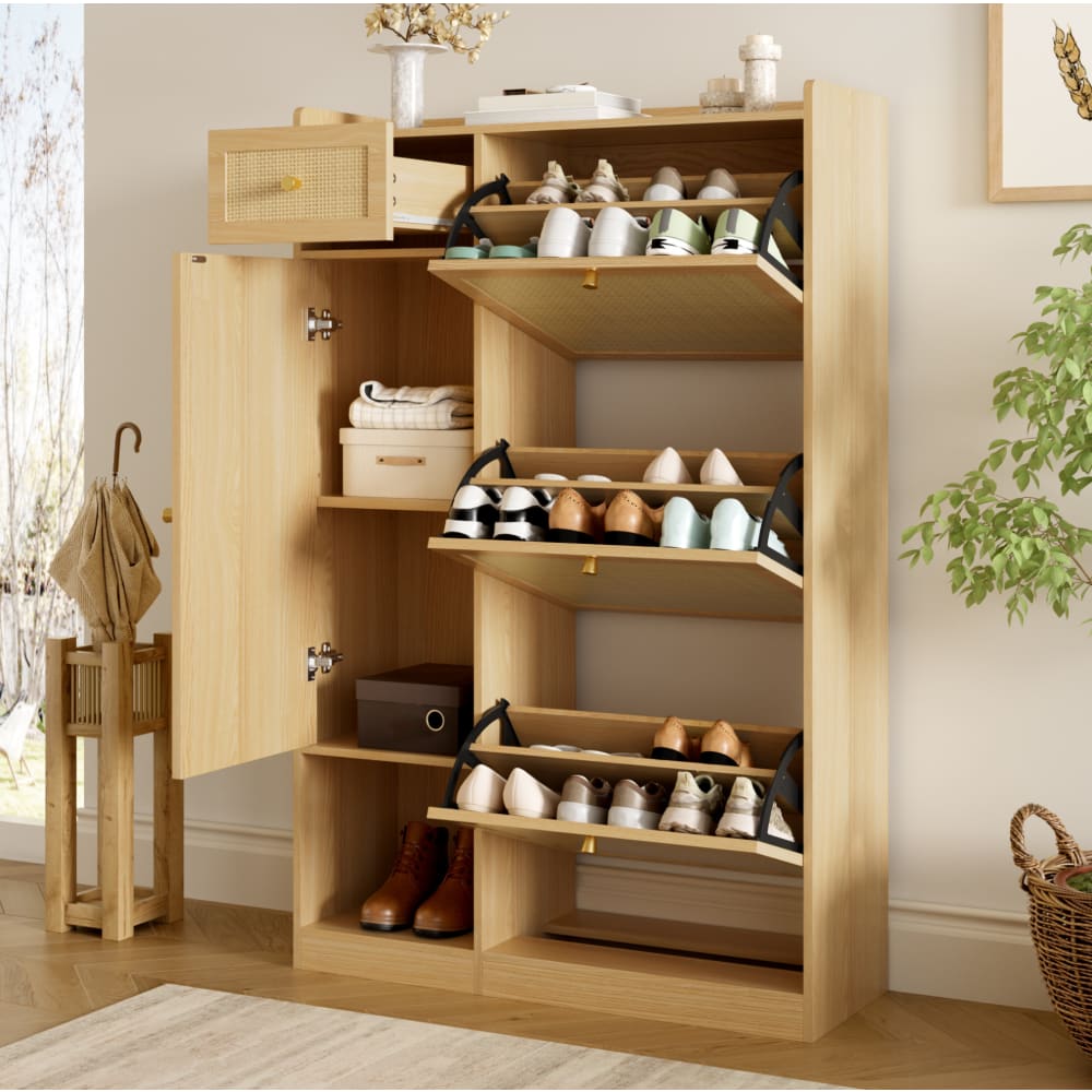 Schuhschrank im Rattan-Design aus Spanplatte natur