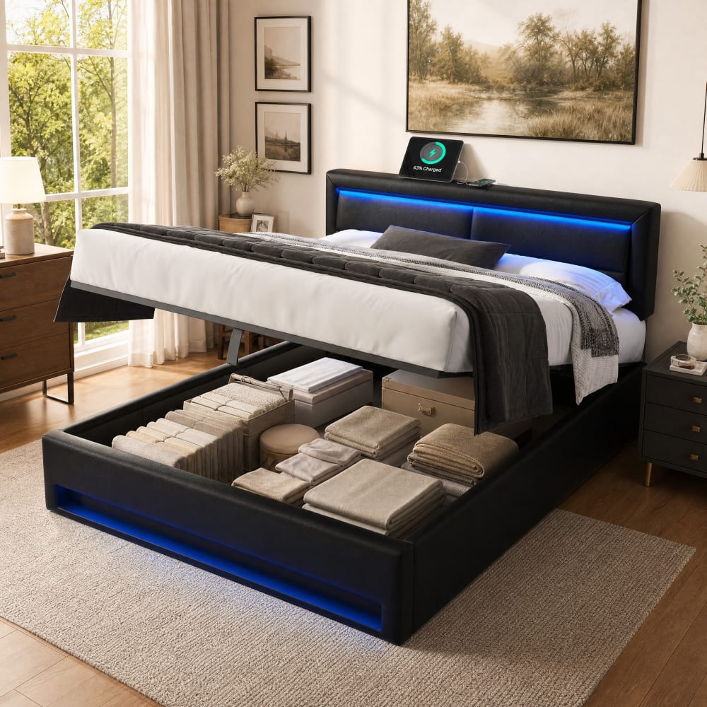 Polsterbett 160 x 200 cm aus Polyurethan schwarz mit LED-Beleuchtung