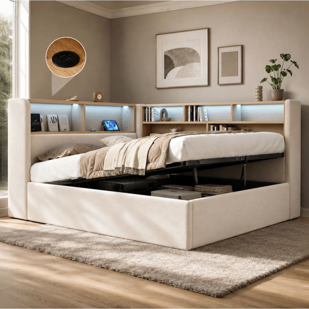 Bett 140 x 190 cm aus Polyester beige mit hydraulischem Stauraum